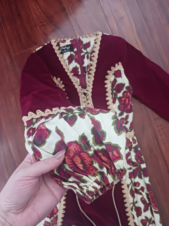 Gunne Sax by Jessica Burgundy Velvet Floral Trim Dress - Picture 6 of 11